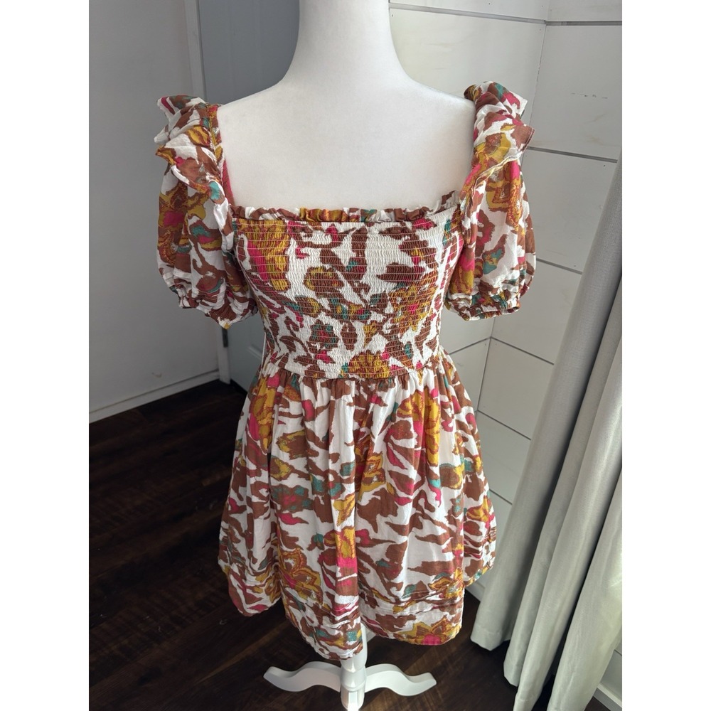 Cleobella Dress Womens XS Kira Mini Cotton Garden Floral Smocked Puff Sleeve‎